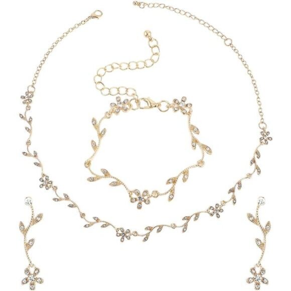 Gold Bridal Jewelry Set Crystal Necklace Earrings Bracelet Wedding Rhinestone - Picture 1 of 8